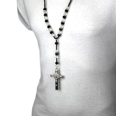 8MM BLACK/CLEAR Crystal Rosary 32" & Jesus Cross Pendant