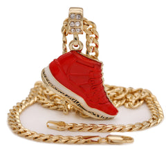 Men's 14k Gold Plated Retro Gym Red Pendant 6mm 24" Frost Cuban Chain Necklace