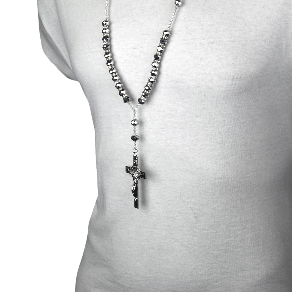 8MM GRAY Crystal Rosary 32" & Jesus Cross Pendant