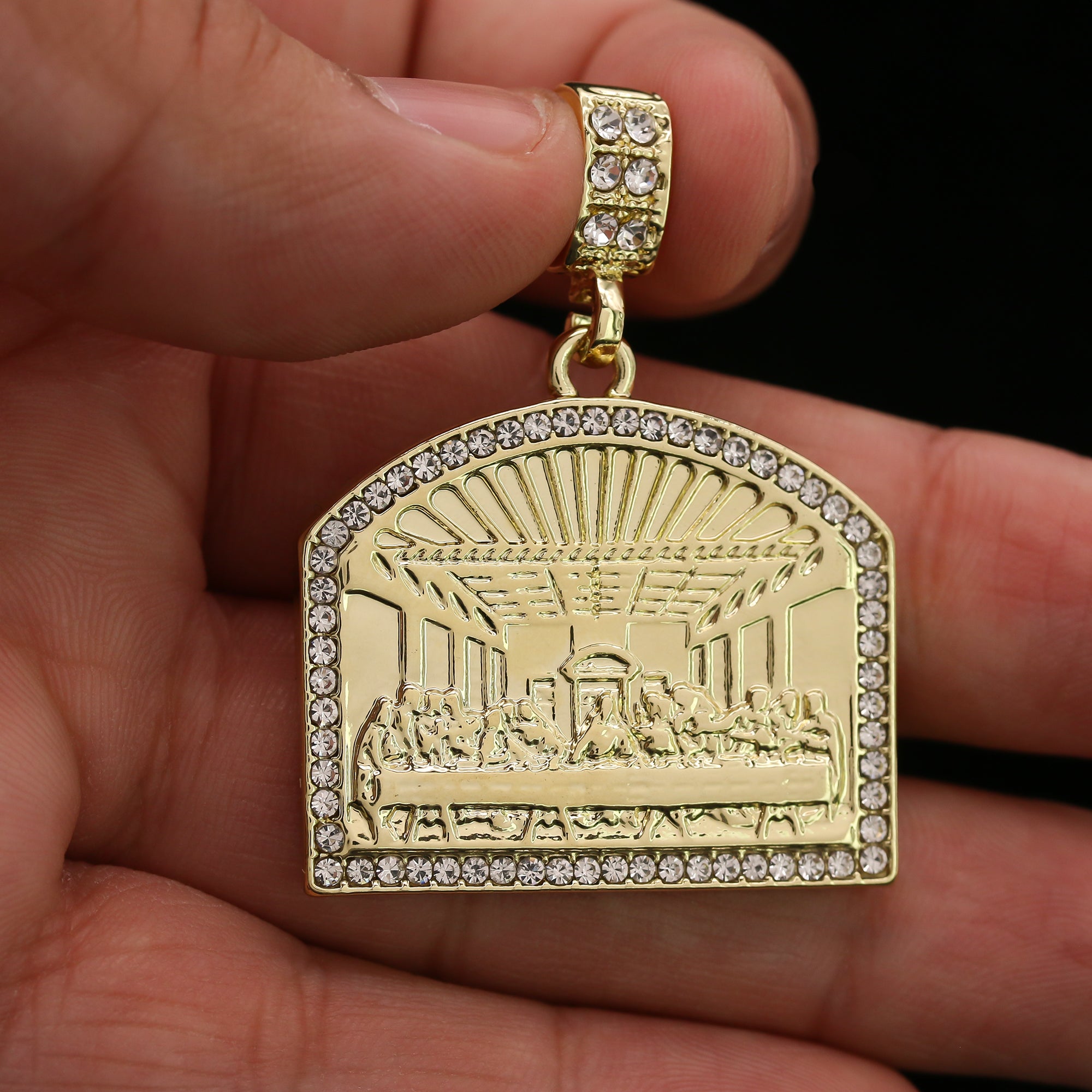 Men's 14k Gold Plated Religious Last Supper Pendant 6mm 24" Frost Cuban Chain Necklace