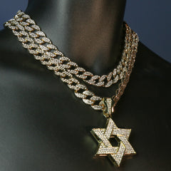 3pc Cz Large Star of David Pendant Gold Plated 18, 20" Fully Cz Cuban Choker Chain