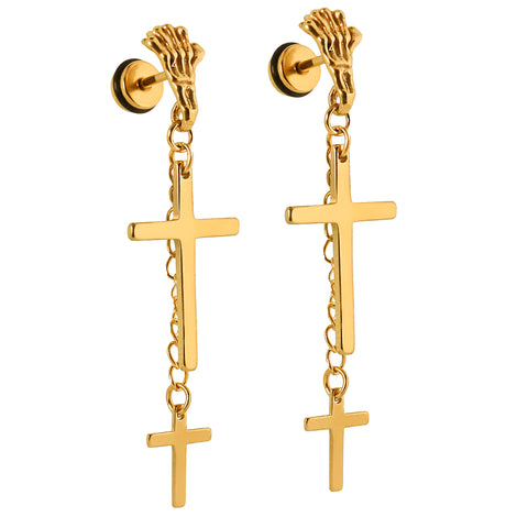 2 Cross Dangle Skeleton Hand 18k Gold SST Plain Earring