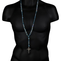 8MM LIGHT BLUE Crystal Rosary 32" & Jesus Cross Pendant