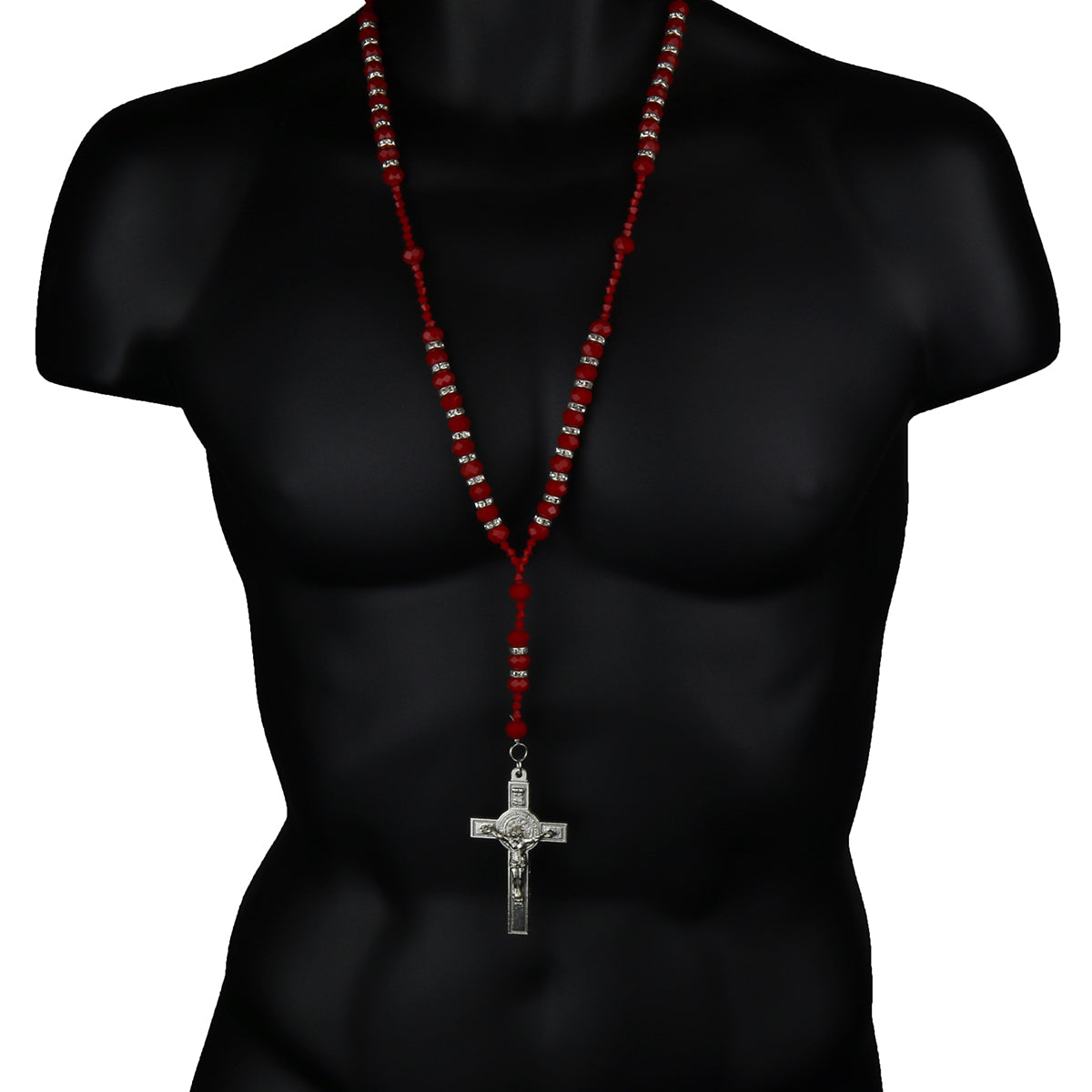 8MM RED Crystal Rosary 32" & Jesus Cross Pendant