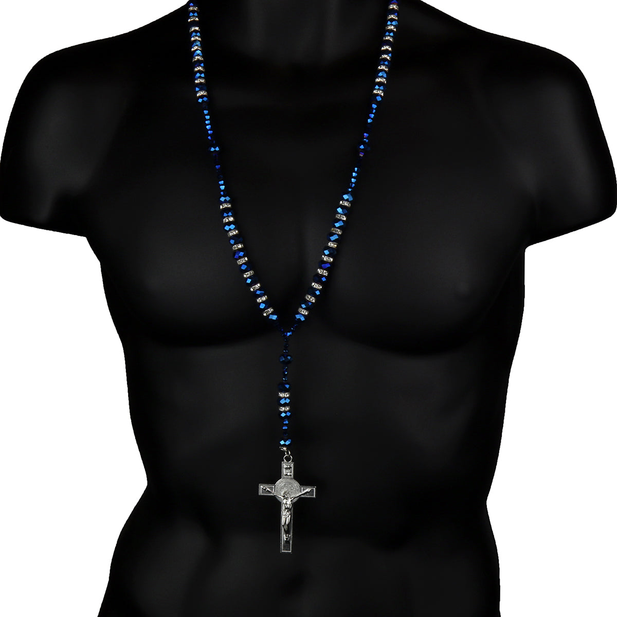 8MM BLUE Crystal Rosary 32" & Jesus Cross Pendant