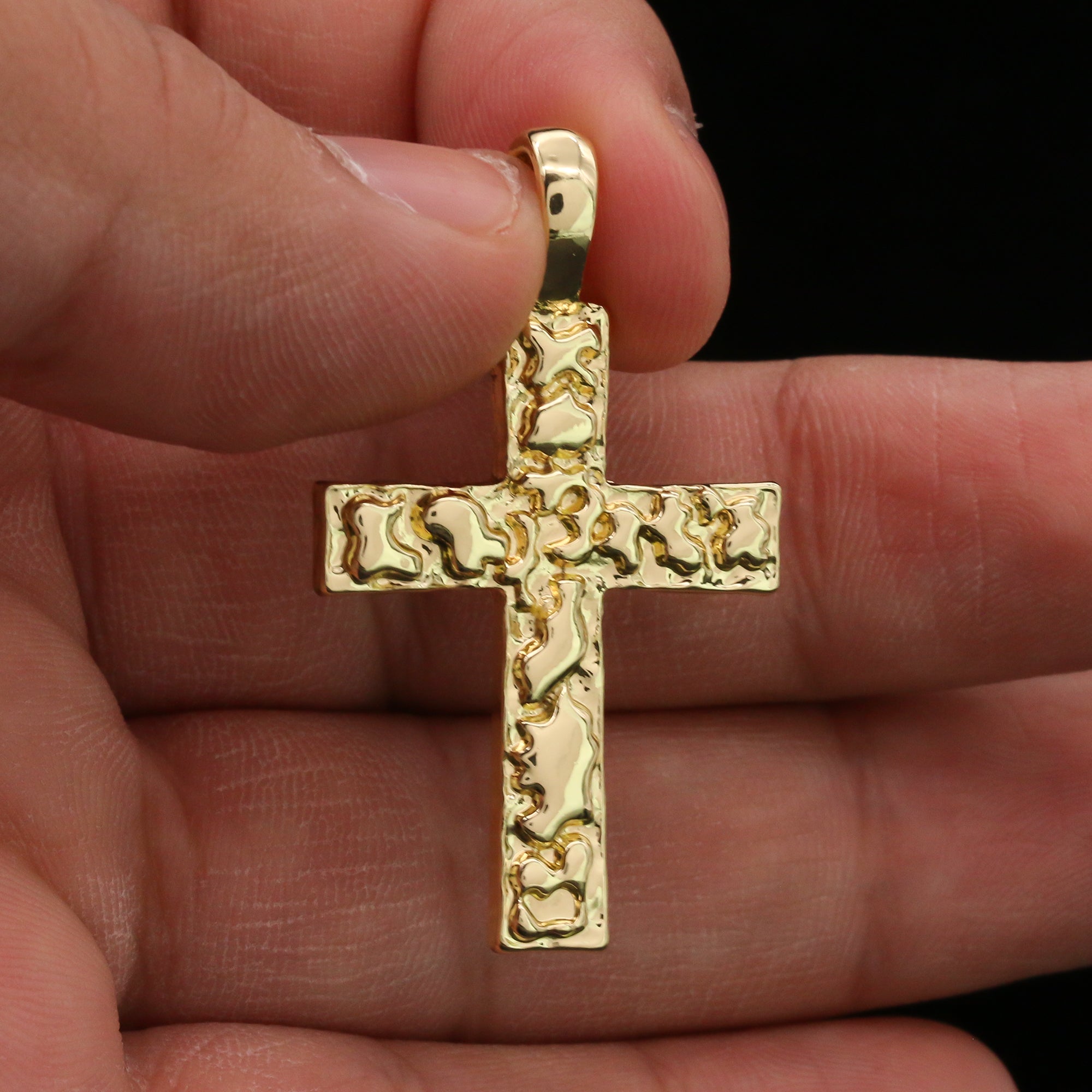 14k Gold Plated Nugget Cross Pendant 6mm 24" Frost Cuban Chain Necklace