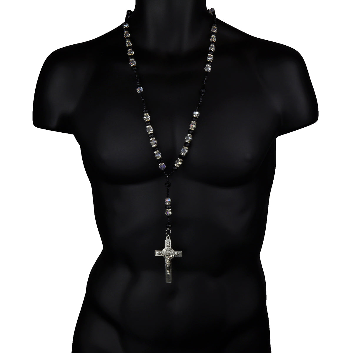 8MM BLACK/CLEAR Crystal Rosary 32" & Jesus Cross Pendant