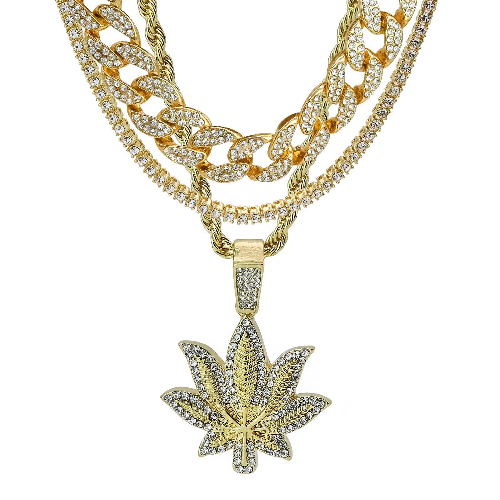 Marijuana 4 Pcs Set Clear Cz Cuban, Tennis & Rope Chain Bundle Gold PT