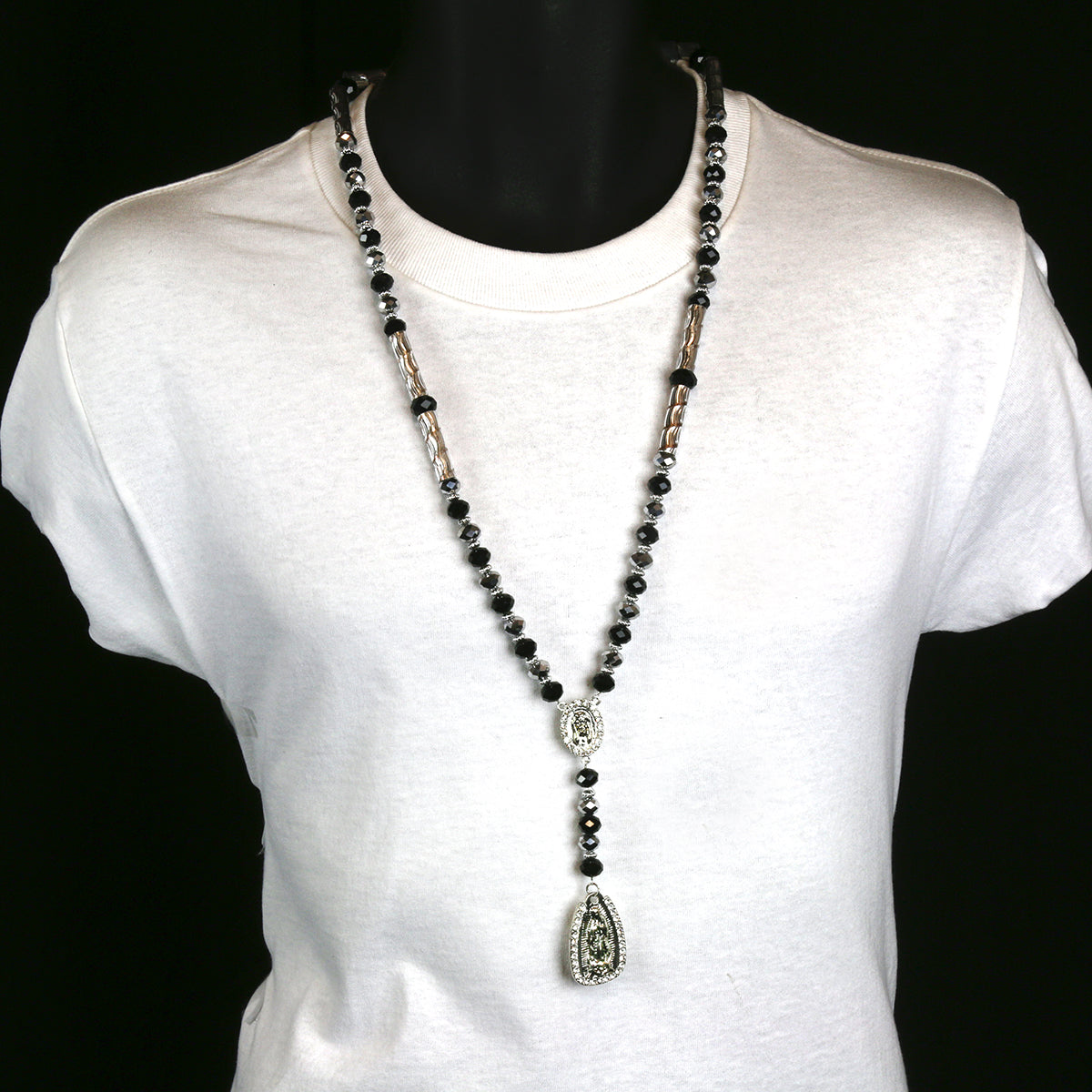 8MM Black/Silver Crystal Rosary Jesus Medal & Guadalupe Pendants