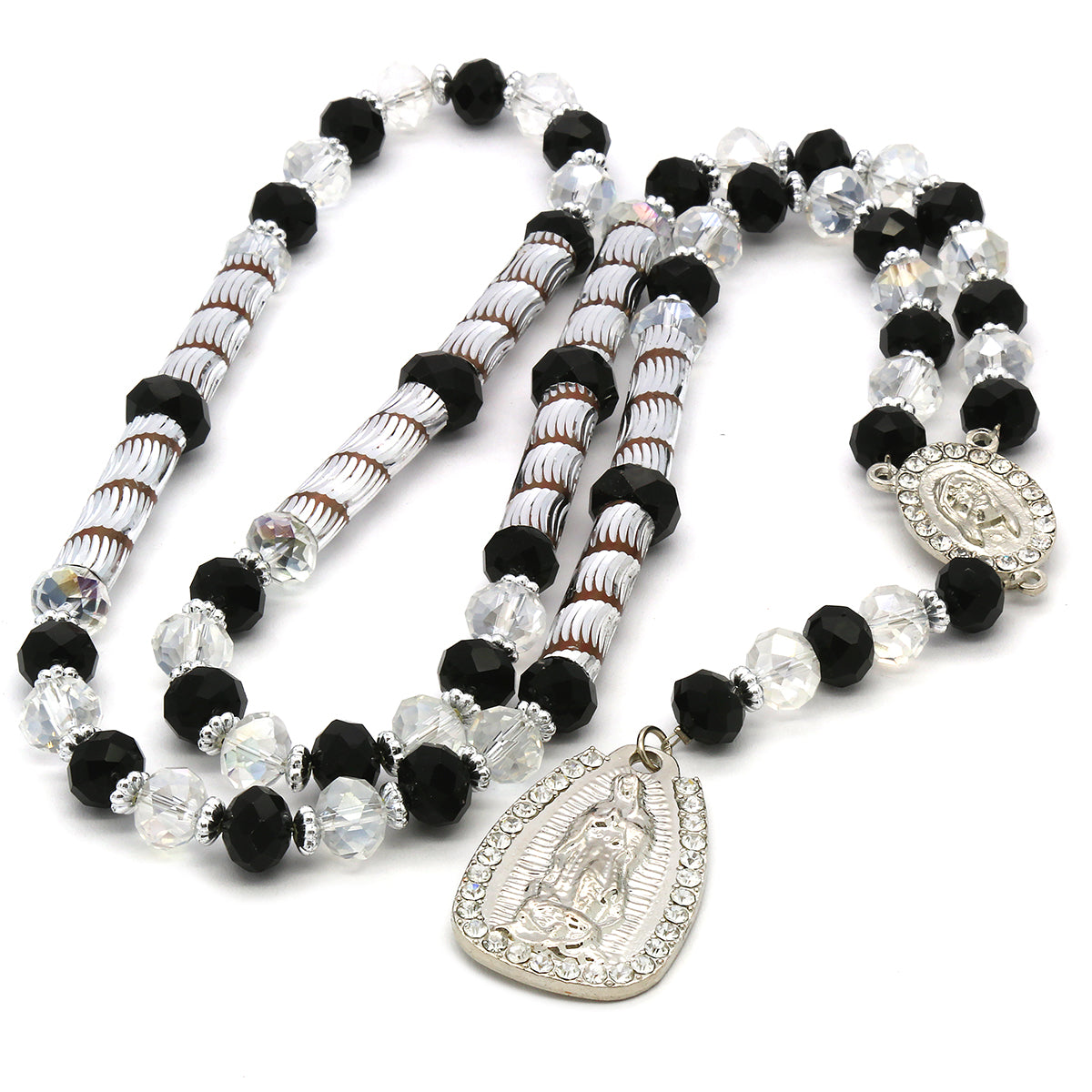 8MM Black/Clear Crystal Rosary Jesus Medal & Guadalupe Pendants