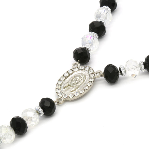 8MM Black/Clear Crystal Rosary Jesus Medal & Guadalupe Pendants