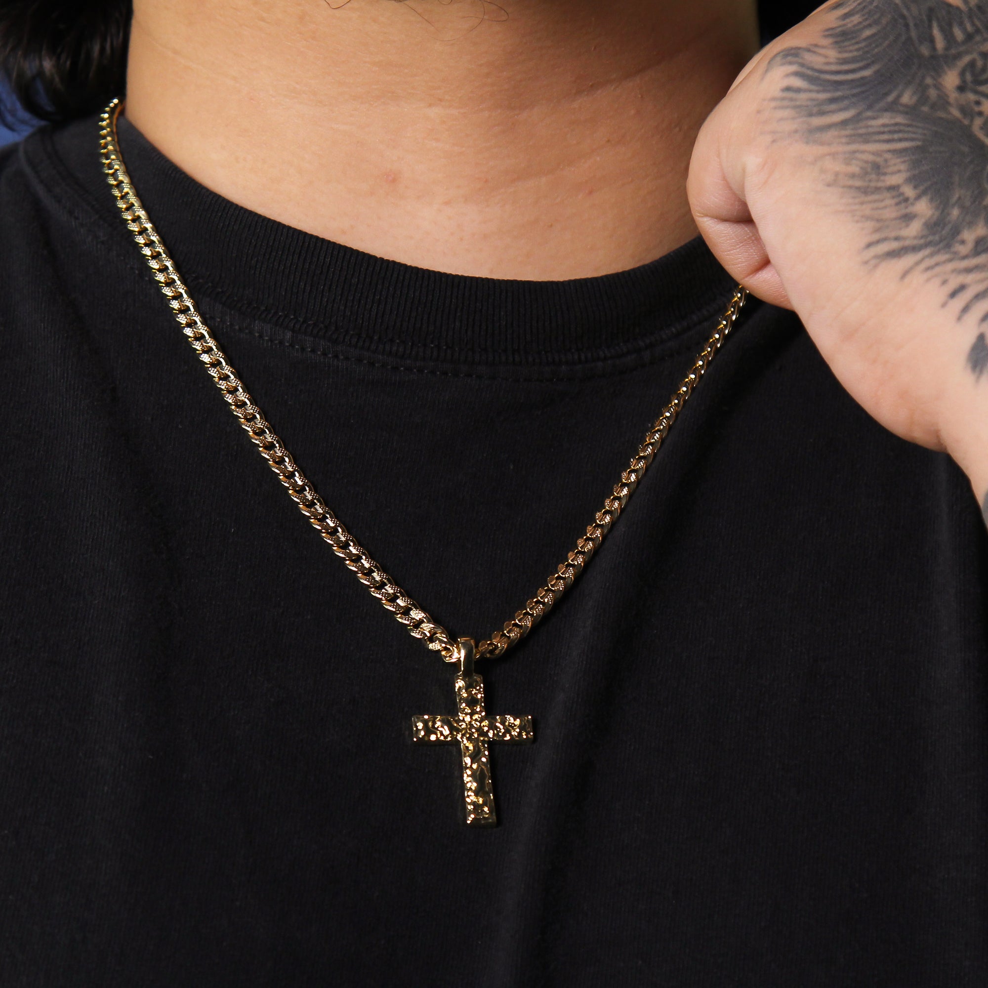 14k Gold Plated Nugget Cross Pendant 6mm 24" Frost Cuban Chain Necklace