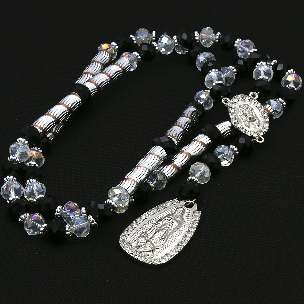8MM Black/Clear Crystal Rosary Jesus Medal & Guadalupe Pendants