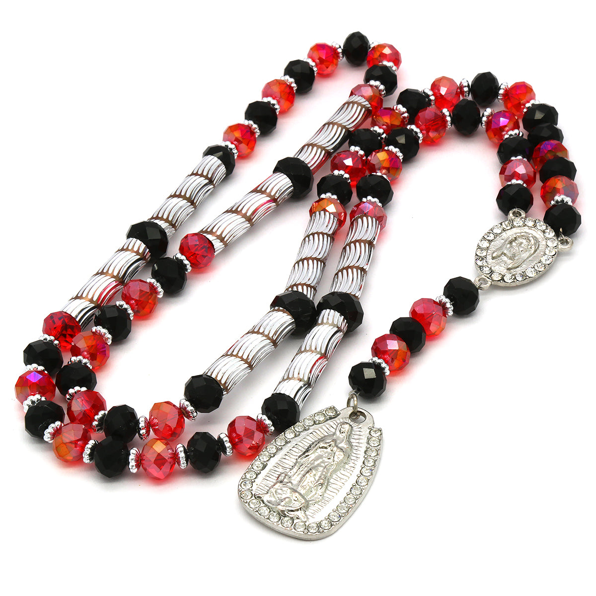 8MM Black/Clear Red Crystal Rosary Jesus Medal & Guadalupe Pendants