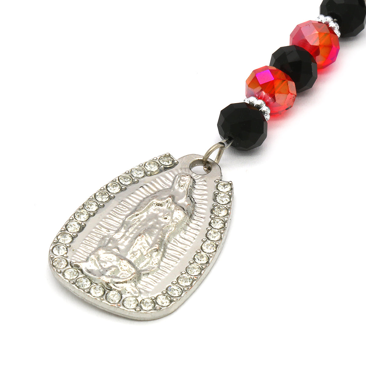 8MM Black/Clear Red Crystal Rosary Jesus Medal & Guadalupe Pendants