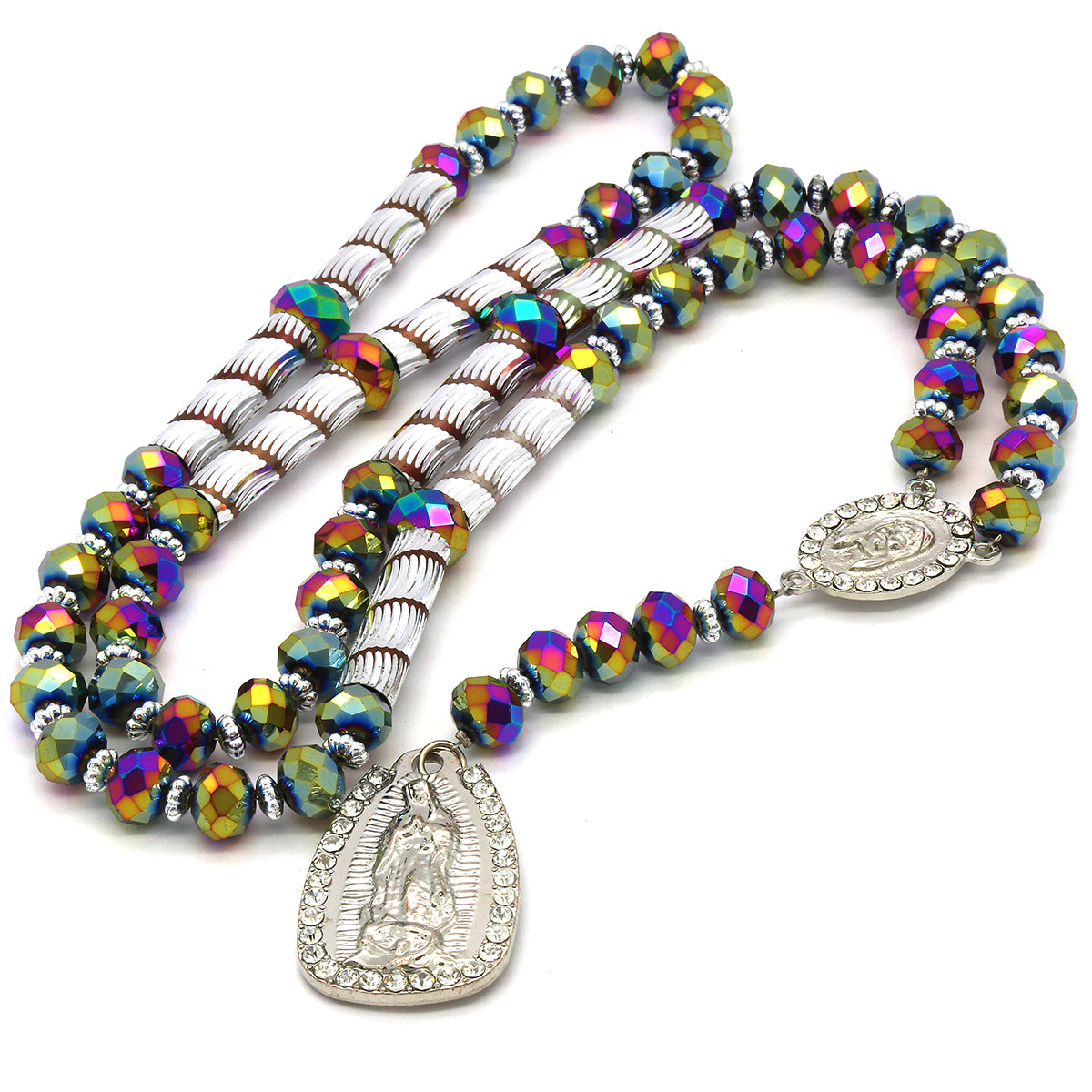 8MM Rainbow Crystal Rosary Jesus Medal & Guadalupe Pendants