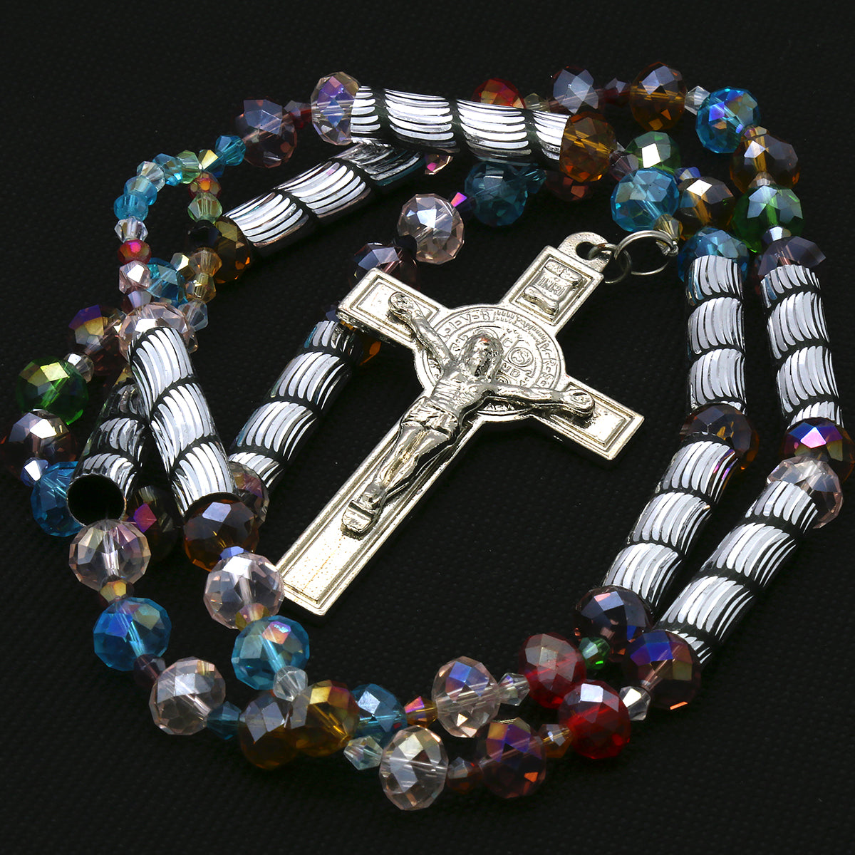 8MM Multi Color Crystal Rosary SanBenito Cross Pendant
