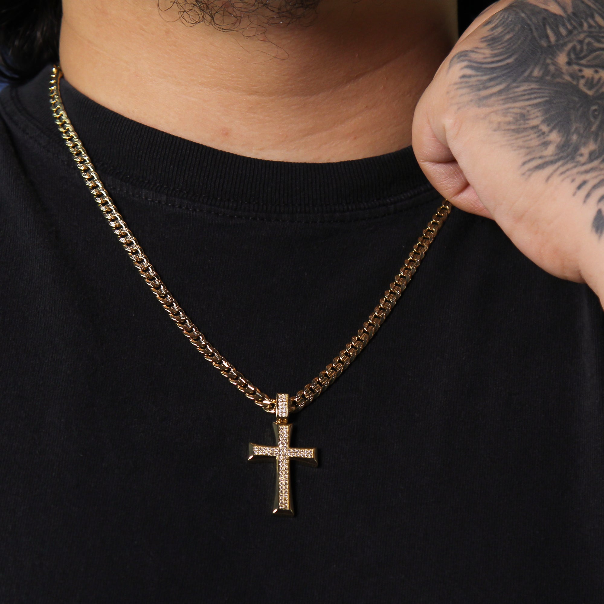 14k Gold Plated 2Line Fully Cz Cross Pendant 6mm 24" Frost Cuban Chain Necklace
