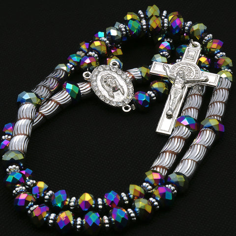 8MM Rainbow Color Crystal Rosary Jesus Medal & SanBenito Cross