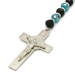 8MM Black/Aqua Crystal Rosary Jesus Medal & SanBenito Cross