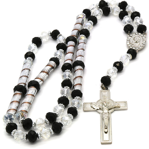 8MM Black/Clear Crystal Rosary Jesus Medal & SanBenito Cross