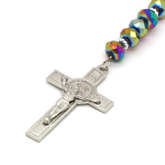 8MM Rainbow Color Crystal Rosary Jesus Medal & SanBenito Cross