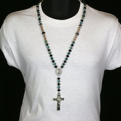 8MM Black/Aqua Crystal Rosary Jesus Medal & SanBenito Cross