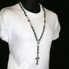 8MM Black/Aqua Crystal Rosary Jesus Medal & SanBenito Cross