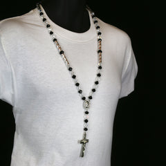 8MM Black/Clear Crystal Rosary Jesus Medal & SanBenito Cross
