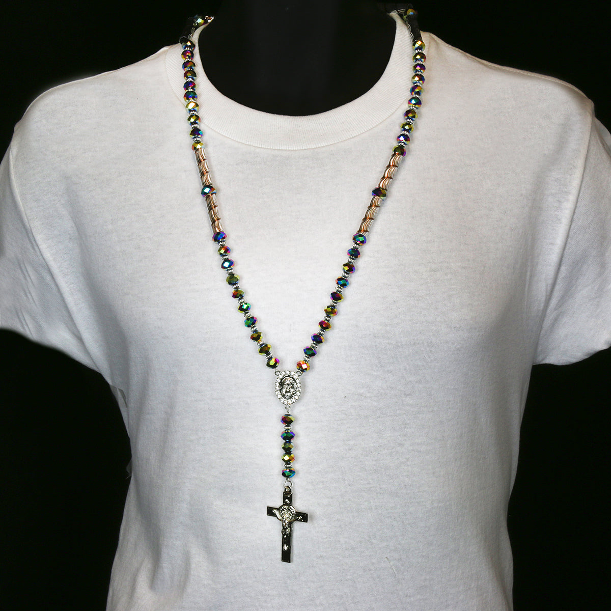 8MM Rainbow Color Crystal Rosary Jesus Medal & SanBenito Cross
