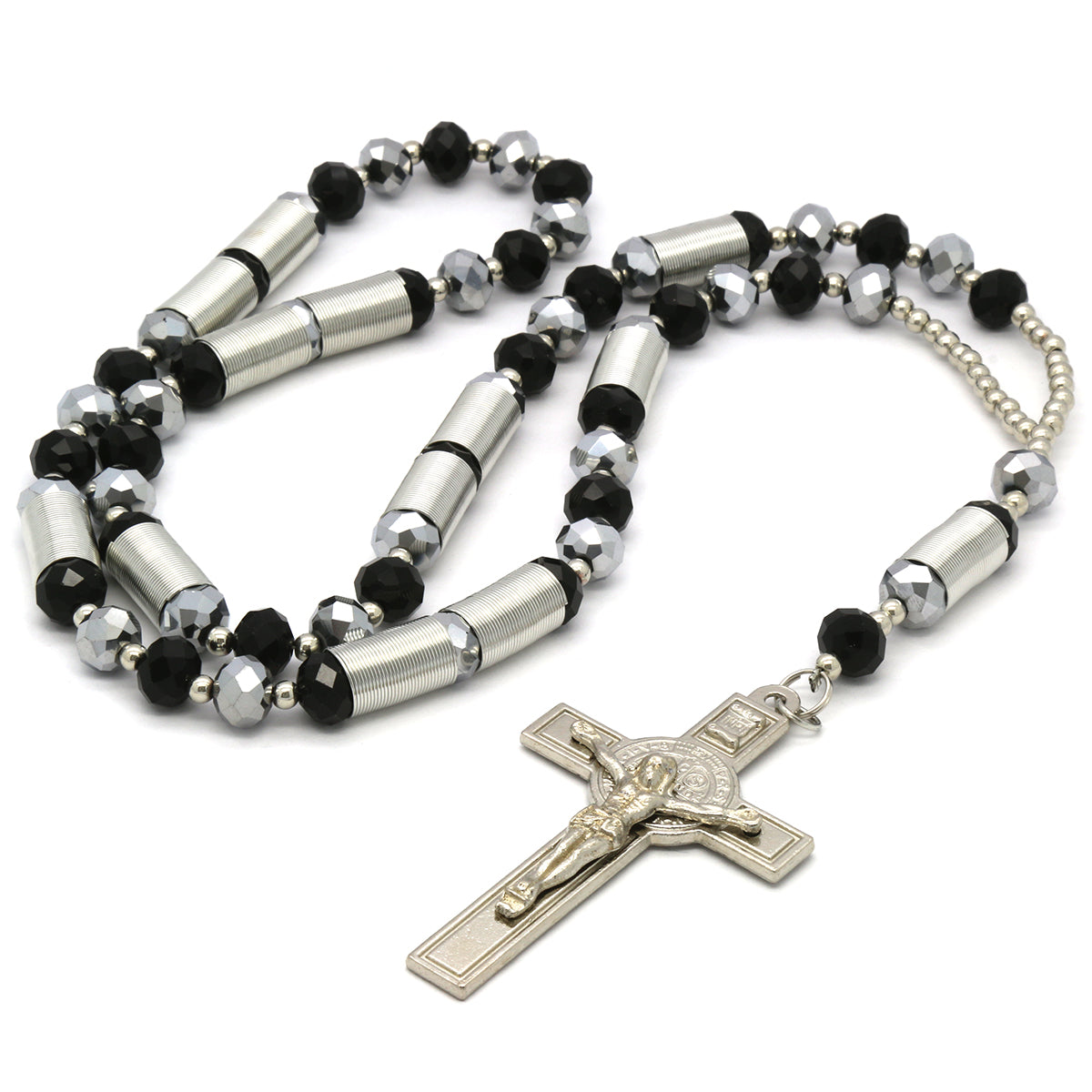 8MM Black/Silver Crystal Rosary With Cross Pendant