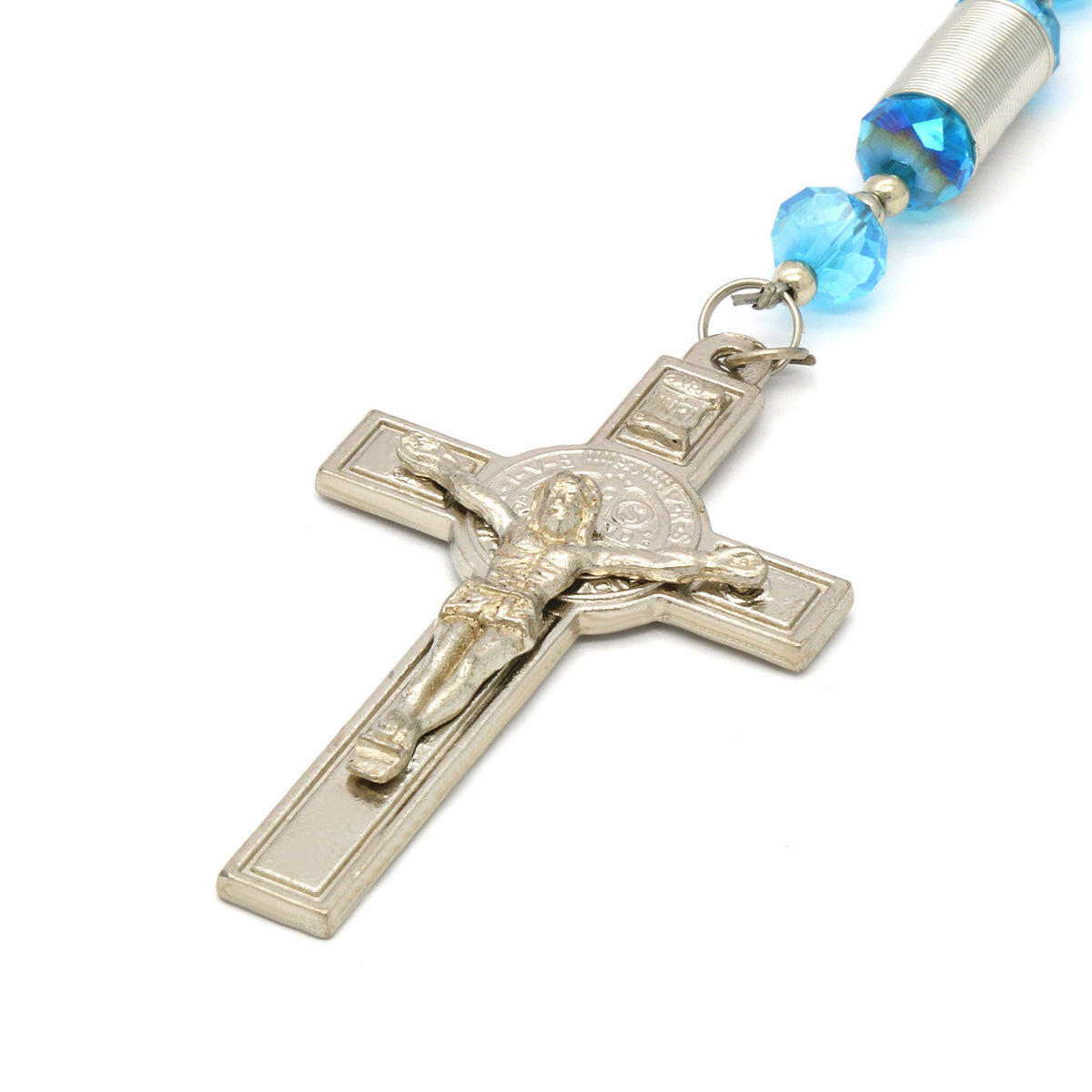 8MM Light Blue Crystal Rosary With Cross Pendant