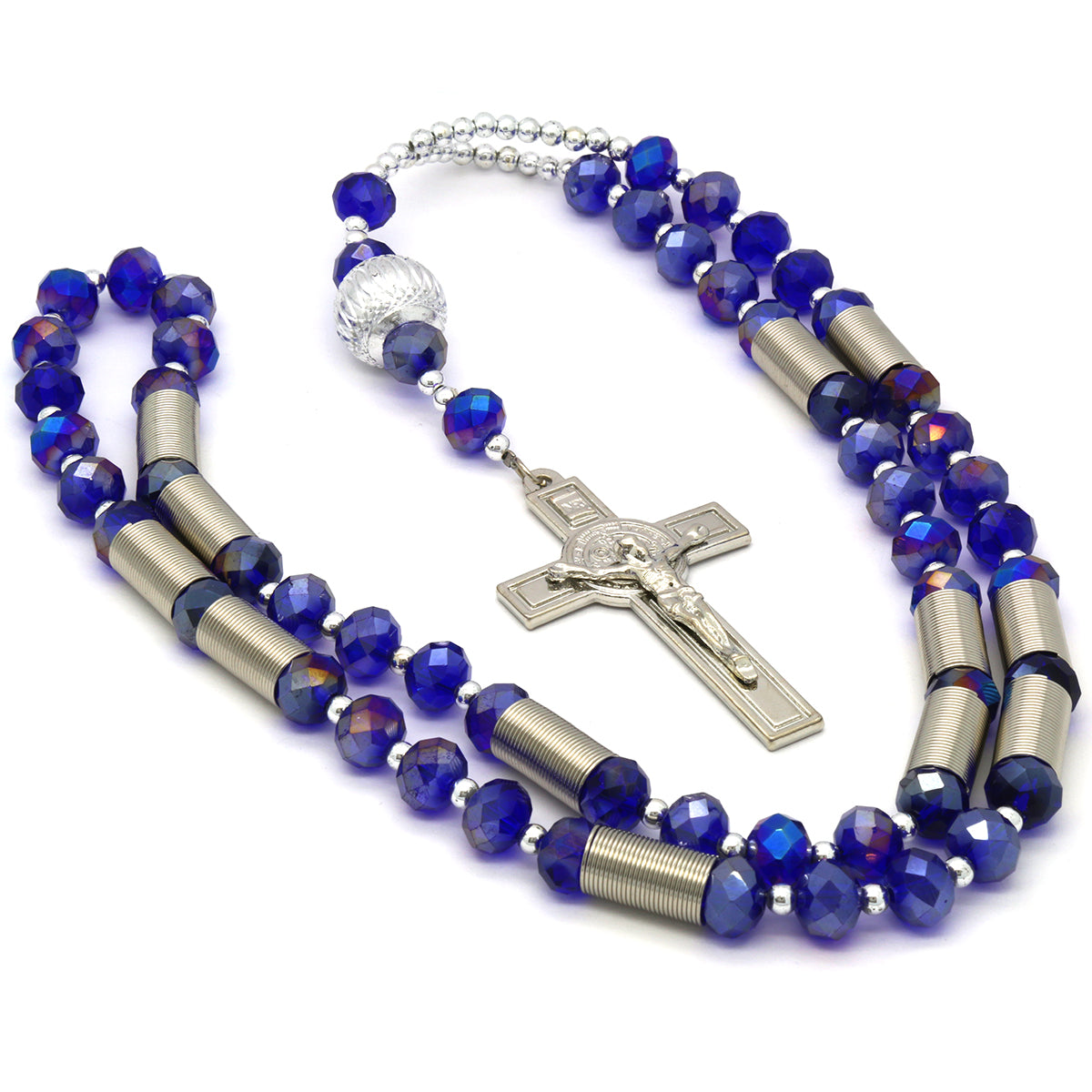 8MM Dark  Blue Crystal Rosary With Cross Pendant