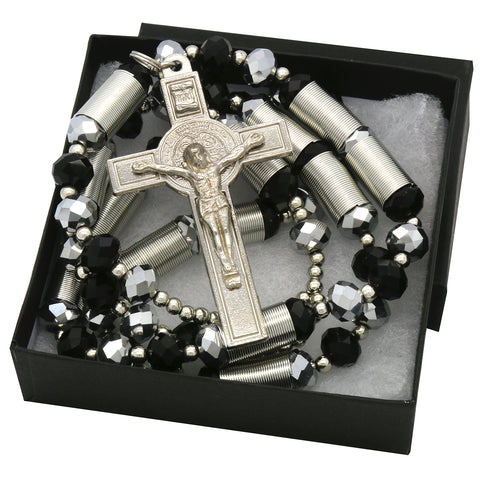 8MM Black/Silver Crystal Rosary With Cross Pendant