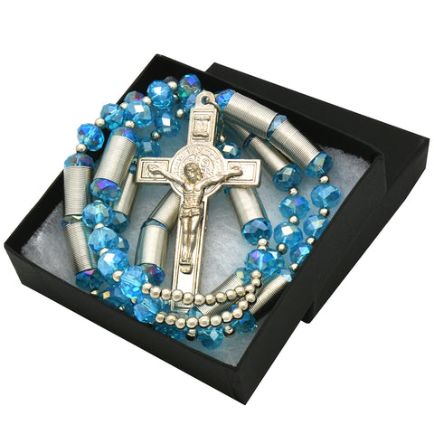 8MM Light Blue Crystal Rosary With Cross Pendant