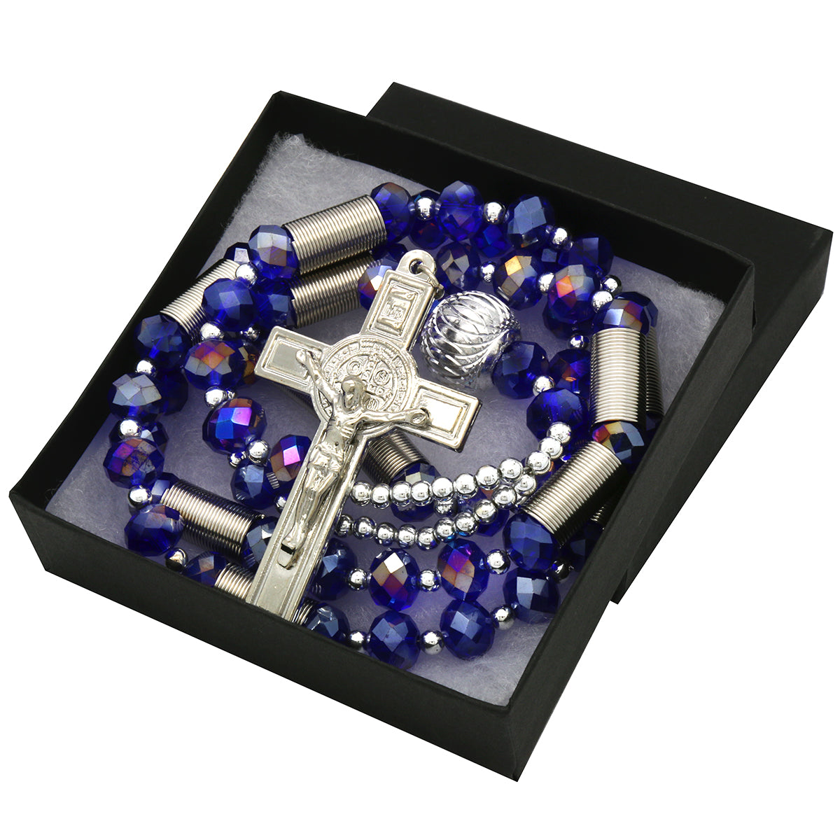 8MM Dark  Blue Crystal Rosary With Cross Pendant