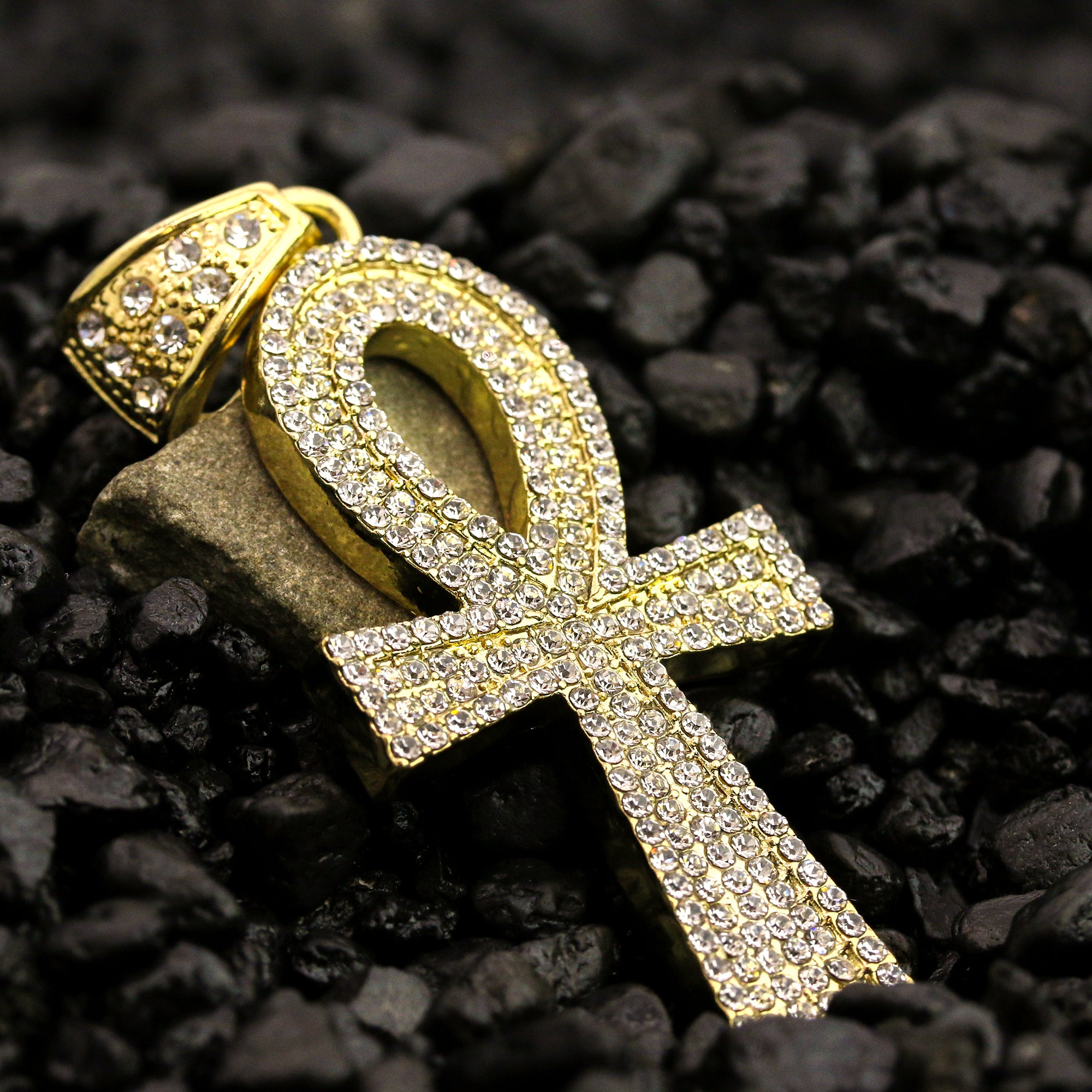 Ankh Iced Out Pendant 30" Rope Chain Hip Hop Style 18k Gold Plated