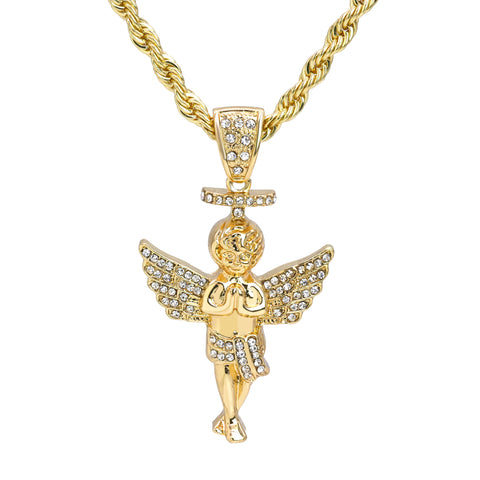 Halo Angel Pendant 30" Rope Chain Hip Hop Style 18k Gold Plated