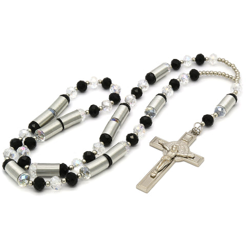 8MM Black/Clear Crystal Rosary With Cross Pendant