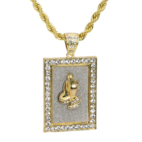 Prayer Hand Framed Pendant 30" Rope Chain Hip Hop Style 18k Gold Plated