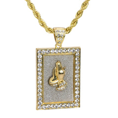 Prayer Hand Framed Pendant 30" Rope Chain Hip Hop Style 18k Gold Plated