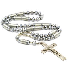8MM Silver Crystal Rosary With Cross Pendant