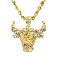 Bull Iced Out Pendant 30" Rope Chain Hip Hop Style 18k Gold Plated