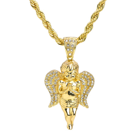 Angel Iced Wings Pendant 30" Rope Chain Hip Hop Style 18k Gold Plated