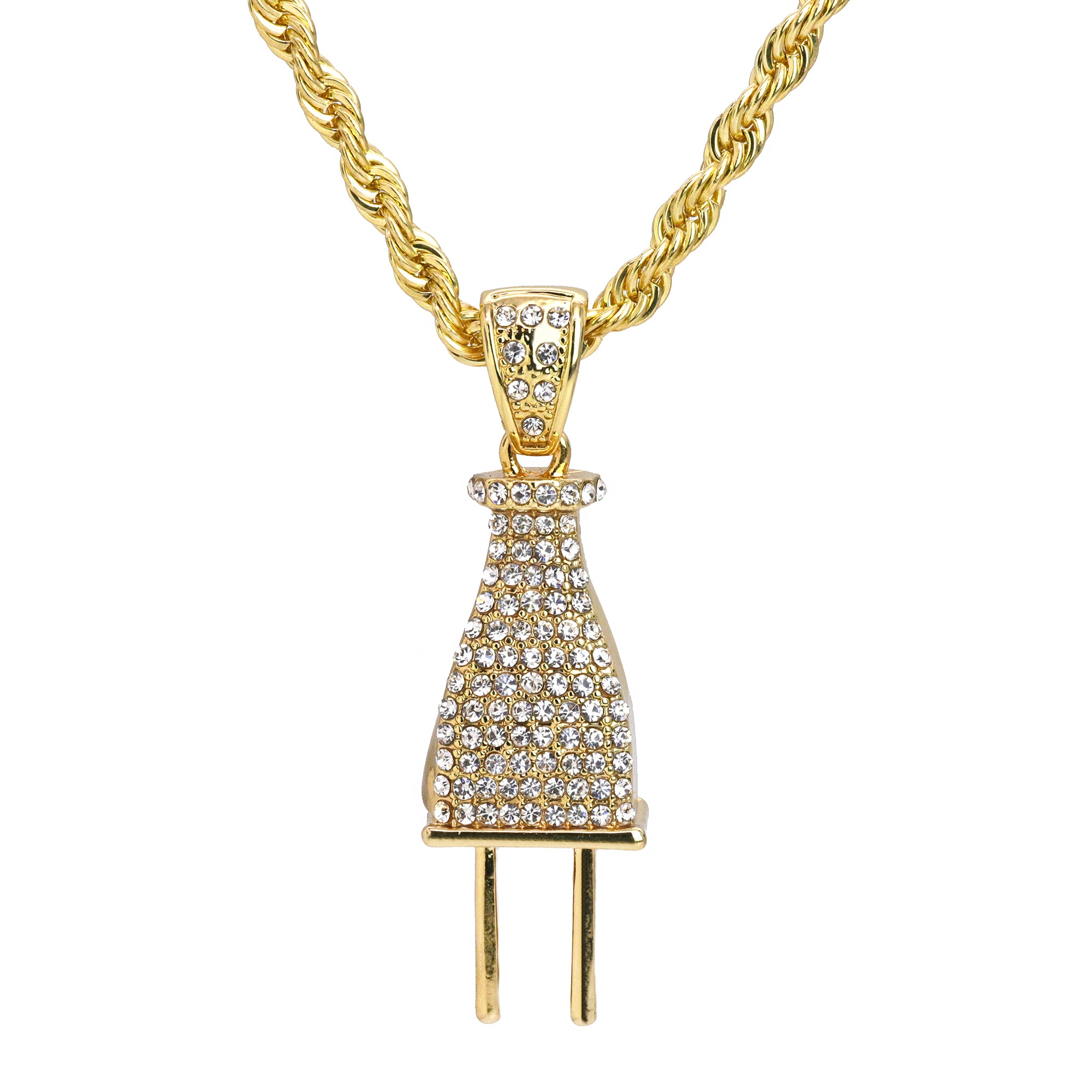 Ice Plug Pendant 30" Rope Chain Hip Hop Style 18k Gold Plated