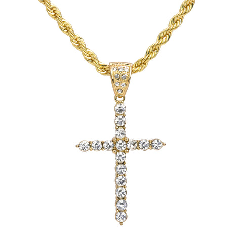 Stone Cross Pendant 30" Rope Chain Hip Hop Style 18k Gold Plated