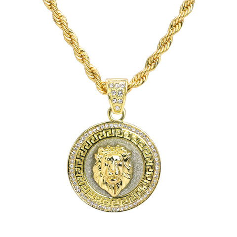 Lion Pattern Coin Pendant 30" Rope Chain Hip Hop Style 18k Gold Plated