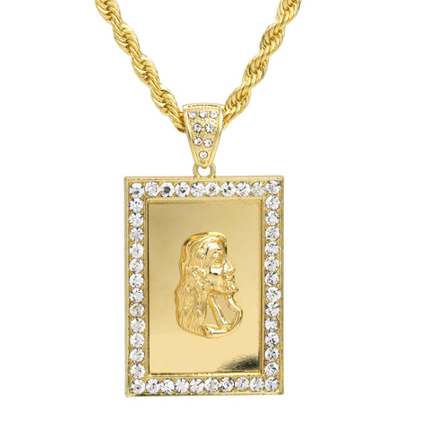 Jesus Face Framed Pendant 30" Rope Chain Hip Hop Style 18k Gold Plated