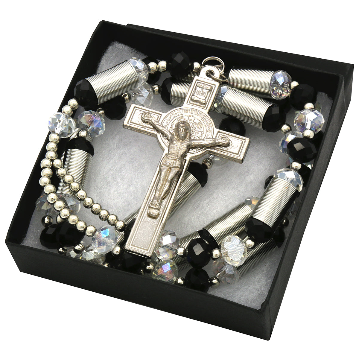 8MM Black/Clear Crystal Rosary With Cross Pendant