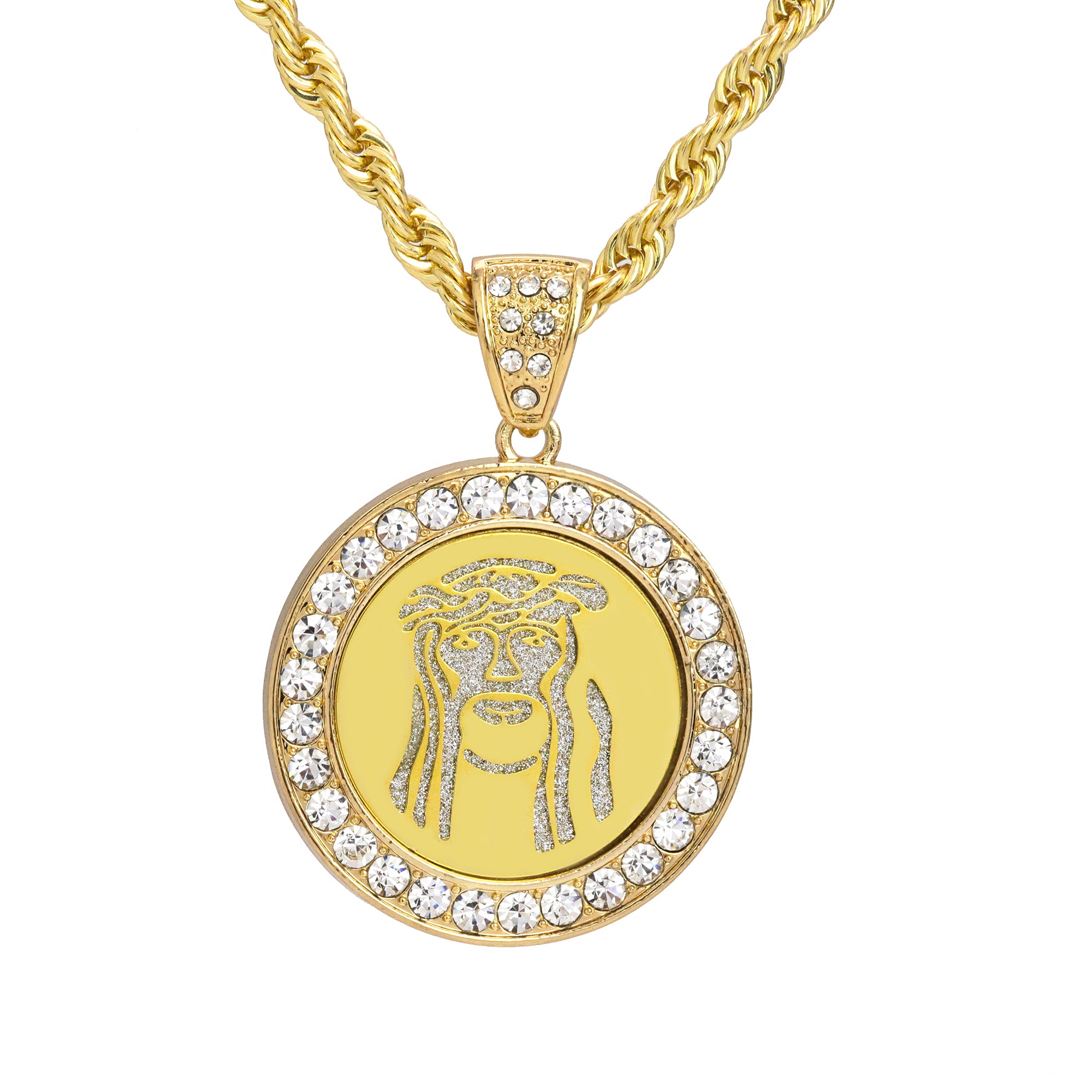 Medallion Jesus Face Pendant 30" Rope Chain Hip Hop Style 18k Gold Plated